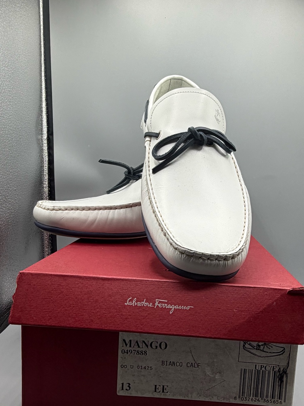 Salvatore Ferragamo White Leather Loafers with Black Lace Detail